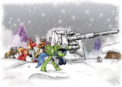 Size: 1000x707 | Tagged: safe, artist:sonicpegasus, big macintosh, oc, earth pony, pony, ammunition, artillery, big flak, binoculars, clothes, fanfic, fanfic art, gun, male, military, snow, snowfall, stallion, uniform, war, weapon