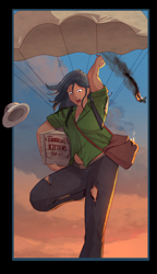 Size: 1200x2077 | Tagged: safe, artist:eve-ashgrove, artist:vest, daring do, human, collaboration, box, clothes, fire, humanized, looking down, parachute, plane, solo