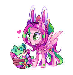 Size: 800x818 | Tagged: safe, artist:ipun, oc, oc only, oc:gadget, oc:precious metal, pegasus, pony, basket, easter basket, female, heart eyes, mare, simple background, transparent background, wingding eyes