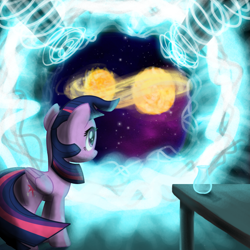 Size: 800x800 | Tagged: safe, artist:nimaru, twilight sparkle, twilight sparkle (alicorn), alicorn, pony, magic, portal, quill, smiling, solo, stars, sun, technology, watching, windswept mane