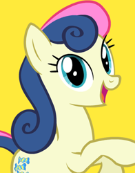 Size: 434x554 | Tagged: safe, bon bon, sweetie drops, earth pony, pony, amused, bon bon is amused, looking at you, official, rearing, simple background, smiling, solo, yellow background