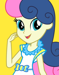 Size: 434x554 | Tagged: safe, bon bon, sweetie drops, equestria girls, looking at you, official, simple background, smiling, solo, yellow background