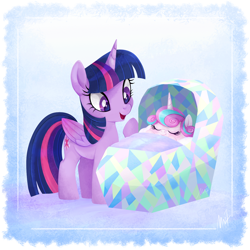 Size: 1280x1281 | Tagged: safe, artist:mn27, princess flurry heart, twilight sparkle, twilight sparkle (alicorn), alicorn, pony, auntie twilight, best aunt ever, crib, cute, female, flurrybetes, mare, simple background, sleeping, smiling