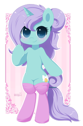 Size: 600x912 | Tagged: safe, artist:exceru-karina, oc, oc only, oc:lila breeze, pony, unicorn, bipedal, blushing, clothes, socks, solo