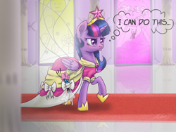Size: 1024x768 | Tagged: safe, artist:helmie-art, seabreeze, twilight sparkle, twilight sparkle (alicorn), alicorn, breezie, pony, clothes, confident, coronation dress, crown, dress, duo, female, jewelry, male, mare, raised hoof, regalia, thought bubble