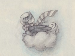 Size: 1721x1272 | Tagged: safe, artist:kimsteinandother, oc, oc only, oc:snowdrop, pegasus, pony, clothes, cloud, female, mare, older, prone, scarf, solo, traditional art