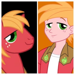 Size: 1024x1024 | Tagged: safe, edit, edited screencap, screencap, big macintosh, earth pony, pony, equestria girls, clothes, comparison, looking at you, male, muzzle, nose, smiling