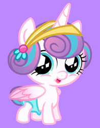 Size: 434x554 | Tagged: safe, princess flurry heart, alicorn, crystal pony, pony, adorable face, baby, baby alicorn, baby flurry heart, baby pony, blue background, cute, diaper, diapered, diapered filly, female, filly, flurrybetes, foal, hairclip, happy, happy baby, looking at you, official, open mouth, purple background, simple background, smiling, smiling at you, solo, standing