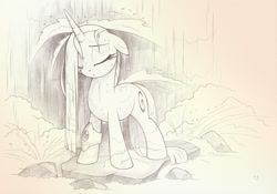 Size: 1052x736 | Tagged: safe, artist:sherwoodwhisper, oc, oc only, oc:eri, pony, unicorn, eyes closed, monochrome, rock, sketch, solo, traditional art, water, waterfall, wet, wet mane