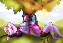 Size: 1280x879 | Tagged: safe, artist:shellielle, sci-twi, sonata dusk, twilight sparkle, equestria girls, rainbow rocks, bare legs, barefoot, clothes, commission, converse, crack shipping, eyes closed, feet, female, glasses, lesbian, on back, shade, shipping, shoes, signature, sleeping, sneakers, tree, twinata