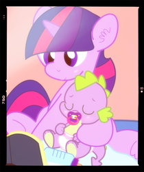 Size: 1245x1480 | Tagged: safe, artist:lemonthyme, spike, twilight sparkle, unicorn twilight, dragon, pony, unicorn, baby bottle, baby dragon, baby spike, blush sticker, blushing, book, bottle, cute, diaper, female, filly, filly twilight sparkle, male, mama twilight, mother and child, pacifier, parent and child, paw pads, photography, reading, spikabetes, spikelove, twiabetes