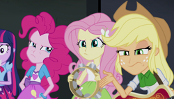 Size: 1904x1090 | Tagged: safe, screencap, applejack, fluttershy, pinkie pie, twilight sparkle, equestria girls, rainbow rocks, angry, balloon, bass guitar, bracelet, clothes, cowboy hat, freckles, hat, jewelry, musical instrument, skirt, stetson, tambourine