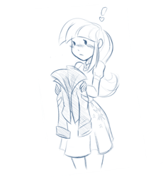 Size: 500x543 | Tagged: safe, artist:ambris, twilight sparkle, equestria girls, blushing, clothes, heart, implied sunset shimmer, jacket, leather jacket, monochrome, offscreen character, solo