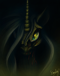 Size: 1104x1412 | Tagged: safe, artist:comsing8, nightmare moon, alicorn, pony, helmet, looking at you, scar, solo