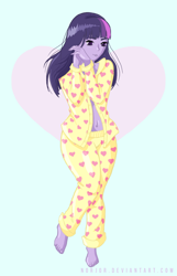 Size: 2000x3100 | Tagged: safe, artist:norjor, twilight sparkle, equestria girls, barefoot, belly button, clothes, feet, heart, midriff, pajamas, solo