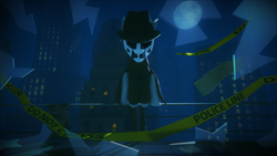 Size: 3840x2160 | Tagged: safe, artist:dj-chopin, pony, 3d, caution tape, city, clothes, coat, crossover, dc comics, fedora, glass, hat, male, mask, moon, night, noir, ponified, rorschach, shattered glass, solo, stallion, trenchcoat, watchmen