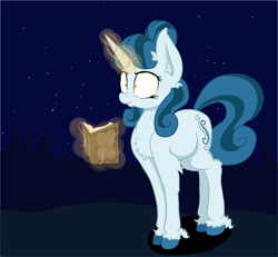 Size: 2248x2074 | Tagged: safe, artist:paskanaakka, derpibooru exclusive, oc, oc only, oc:cerulean swirls, pony, unicorn, book, chest fluff, ear fluff, magic, night, nose wrinkle, shrunken pupils, sky, solo, stars, telekinesis, unshorn fetlocks