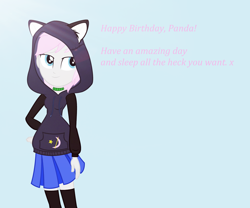 Size: 1024x853 | Tagged: safe, oc, oc only, oc:sleepy panda, equestria girls, birthday, cat ears, clothes, collar, hoodie, simple background, solo, sunlight