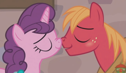 Size: 981x573 | Tagged: safe, screencap, big macintosh, sugar belle, earth pony, pony, unicorn, hard to say anything, boop, female, kissing, male, mare, noseboop, shipping, stallion, straight, sugarmac, treehouse logo