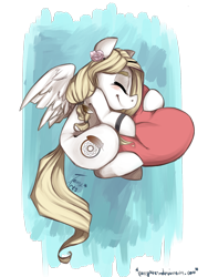 Size: 1536x2048 | Tagged: safe, artist:tamyarts, oc, oc only, oc:hunter dreams, pegasus, pony, flower, flower in hair, heart pillow, hug, pillow, solo