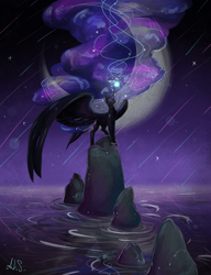 Size: 1000x1300 | Tagged: safe, artist:alina-sherl, nightmare moon, alicorn, pony, crescent moon, female, large wings, long mane, magic, mare, moon, night, scenery, smiling, solo, transparent moon, wings