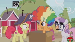 Size: 1920x1080 | Tagged: safe, screencap, apple bloom, scootaloo, sweetie belle, pony, hard to say anything, agent rainbow head, box, clown wig, cutie mark crusaders, disguise, dressup, groucho mask, hat, pirate hat, shimmering spectacles, spyrate