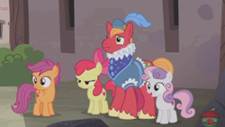 Size: 1920x1080 | Tagged: safe, screencap, apple bloom, big macintosh, scootaloo, sweetie belle, earth pony, pony, hard to say anything, cutie mark crusaders, dressup, male, prince outfit, ruff (clothing), stallion