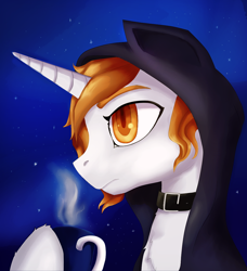 Size: 984x1080 | Tagged: safe, artist:evescintilla, oc, oc only, oc:genie, pony, unicorn, choker, clothes, coffee, hood, hoodie, male, mug, night, night sky, stallion, ych result