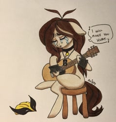 Size: 2405x2522 | Tagged: safe, artist:ameliacostanza, earth pony, pony, acoustic guitar, crossed legs, crossover, crying, dog tags, guitar, hurt (song), johnny cash, laura kinney, mask, nine inch nails, ponified, sad, singing, solo, song reference, stool, tears of pain, tears of sadness, traditional art, wolverine, x-23