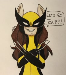 Size: 2305x2623 | Tagged: safe, artist:ameliacostanza, earth pony, pony, anti-hero, anti-heroine, bone spike projection, claws, clothes, confident, costume, crossover, grin, laura kinney, marvel, ponified, smiling, solo, traditional art, wolverine, x-23