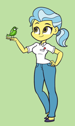 Size: 1080x1800 | Tagged: safe, artist:khuzang, doctor fauna, bird, equestria girls, breasts, clothes, equestria girls-ified, female, green background, hand on hip, pants, shirt, simple background, smiling, solo