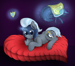 Size: 1800x1600 | Tagged: safe, artist:thexiiilightning, oc, pony, unicorn, armor, bed, guard, heart shaped bed, helmet, looking at you, male, night guard, smiling, solo