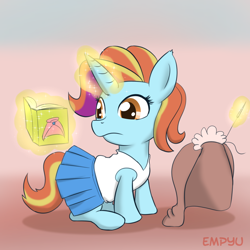 Size: 1000x1000 | Tagged: safe, artist:empyu, sassy saddles, pony, unicorn, 30 minute art challenge, book, clothes, cute, female, filly, glowing horn, magic, mare, reading, sewing, sewing needle, simple background, solo, younger