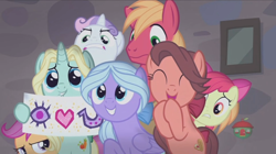 Size: 1236x694 | Tagged: safe, screencap, apple bloom, big macintosh, dear darling, fond feather, scootaloo, sweetie belle, swoon song, earth pony, pony, hard to say anything, bimbettes, cutie mark crusaders, male, stallion