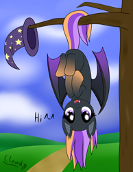 Size: 2100x2700 | Tagged: safe, artist:cloudy95, oc, oc only, oc:sophie, bat pony, pony, female, hanging, hat, mare, solo, tree, witch hat