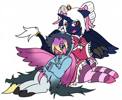 Size: 1146x933 | Tagged: safe, artist:jolliapplegirl, princess skyla, oc, oc only, oc:desert moon, alicorn, hybrid, pegasus, pony, adopted offspring, alicorn oc, anime, beatrice, best friends, clothes, costume, crown, halloween, interspecies offspring, jewelry, kuro, nightmare night, offspring, parent:princess luna, princess, re:zero, regalia, socks, striped socks