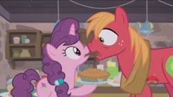 Size: 1920x1080 | Tagged: safe, screencap, big macintosh, sugar belle, earth pony, pony, unicorn, hard to say anything, boop, female, food, interior, male, mare, pie, shipping, stallion, straight, sugarmac