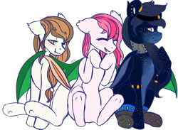 Size: 1500x1100 | Tagged: safe, artist:cinnamonsparx, oc, oc only, oc:golden midnight, oc:strawberry chiffon, oc:tafi, bat pony, pony, female, hug, mare, sitting, winghug