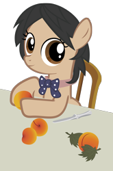 Size: 5345x8098 | Tagged: safe, artist:lykas13, earth pony, pony, absurd resolution, bowtie, female, filly, fine art parody, food, girl with peaches, knife, leaf, looking at you, mare, parody, peach, ponified, simple background, smiling, solo, transparent background, vector