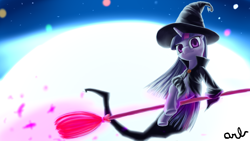 Size: 1920x1080 | Tagged: safe, artist:nodnarb01, twilight sparkle, alternate cutie mark, broom, crossed legs, flying, flying broomstick, full moon, hat, looking at you, moon, night, sitting, solo, stars, witch, witch hat