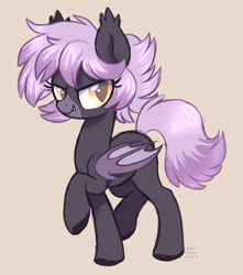 Size: 2763x3130 | Tagged: safe, artist:hawthornss, oc, oc only, oc:platinum flight, bat pony, pony, brown background, cute little fangs, ear fluff, facial markings, fangs, looking at you, raised hoof, simple background, smiling, solo