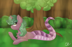 Size: 2498x1623 | Tagged: safe, artist:sketchyhowl, oc, oc only, oc:trofie trance, lamia, original species, forest, lying down, signature, solo, tree