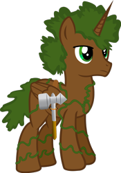 Size: 1128x1612 | Tagged: safe, artist:andrevus, oc, oc only, alicorn, pony, alicorn oc, belt, description at source, hammer, long description, male, simple background, solo, stallion, transparent background, vine, weapon