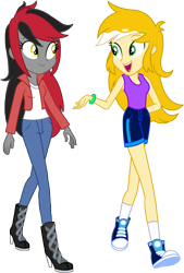 Size: 3988x5896 | Tagged: safe, artist:imperfectxiii, oc, oc only, oc:calvia, oc:shona lunar, equestria girls, absurd resolution, clothes, converse, equestria girls-ified, open mouth, pants, point commission, shoes, shorts, simple background, sneakers, transparent background, vector