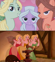 Size: 1236x1388 | Tagged: safe, edit, screencap, dear darling, fond feather, swoon song, pony, hard to say anything, beauty and the beast, bimbettes, bimbettes (beauty and the beast), comparison, disney