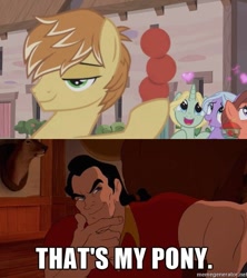 Size: 497x560 | Tagged: safe, edit, edited screencap, screencap, dear darling, feather bangs, fond feather, swoon song, pony, hard to say anything, beauty and the beast, bimbettes, disney, exploitable meme, gaston, image macro, meme, that's my pony, that's my x