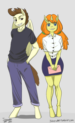 Size: 2000x3300 | Tagged: safe, artist:siberwar, pound cake, pumpkin cake, anthro, pegasus, unguligrade anthro, unicorn, 30 minute art challenge, breasts, brother and sister, cake twins, clothes, cute, duo, female, grin, hands in pockets, legs, looking at you, male, mare, older, pants, pigtails, shirt, siblings, skirt, smiling, stallion, twins, twintails