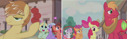 Size: 1546x474 | Tagged: safe, edit, edited screencap, screencap, apple bloom, big macintosh, dear darling, feather bangs, fond feather, scootaloo, sweetie belle, swoon song, earth pony, pony, hard to say anything, bedroom eyes, bimbettes, excited, frown, male, smiling, stallion, unamused, wavy mouth, worried