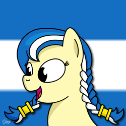 Size: 3048x3048 | Tagged: safe, artist:up-world, oc, oc only, oc:anagua, earth pony, pony, braid, female, flag, flag background, mare, nation ponies, nicaragua, open mouth, ponified, solo