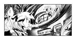 Size: 2550x1350 | Tagged: safe, artist:hobbes-maxwell, oc, oc only, oc:littlepip, pony, unicorn, fallout equestria, assault rifle, black and white, clothes, fanfic, fanfic art, female, golden oaks library, grayscale, gun, hooves, horn, looking back, mare, monochrome, open mouth, raider, rifle, teeth, vault suit, weapon